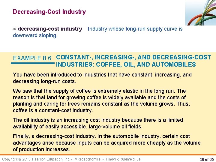 Decreasing-Cost Industry ● decreasing-cost industry downward sloping. Industry whose long-run supply curve is EXAMPLE