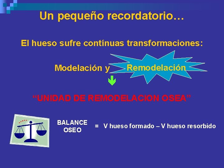 Un pequeño recordatorio… El hueso sufre contínuas transformaciones: Modelación y Remodelación “UNIDAD DE REMODELACION Un pequeño recordatorio… El hueso sufre contínuas transformaciones: Modelación y Remodelación “UNIDAD DE REMODELACION