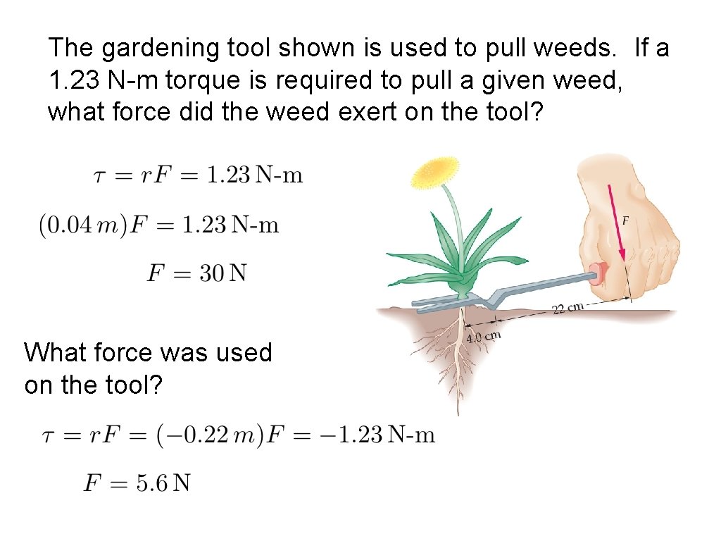 The gardening tool shown is used to pull weeds. If a 1. 23 N-m