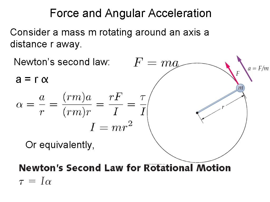 Force and Angular Acceleration Consider a mass m rotating around an axis a distance