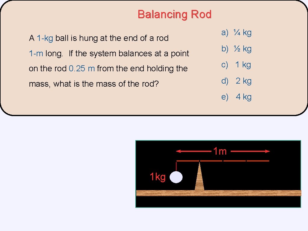 Balancing Rod A 1 -kg ball is hung at the end of a rod