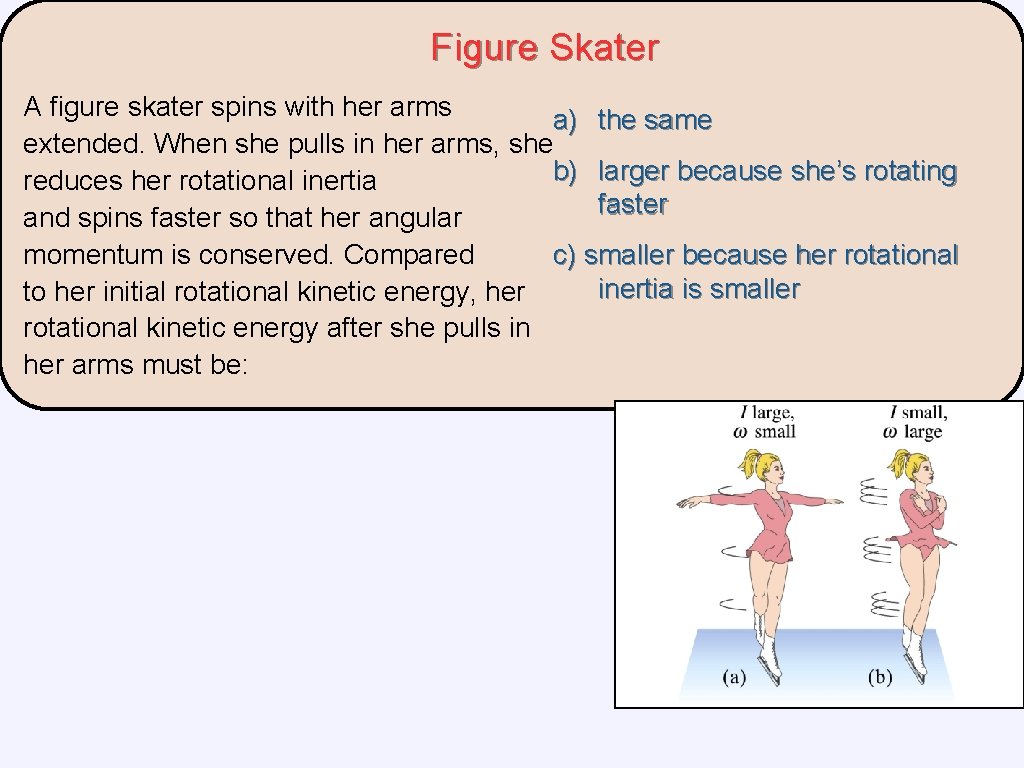 Figure Skater A figure skater spins with her arms a) the same extended. When