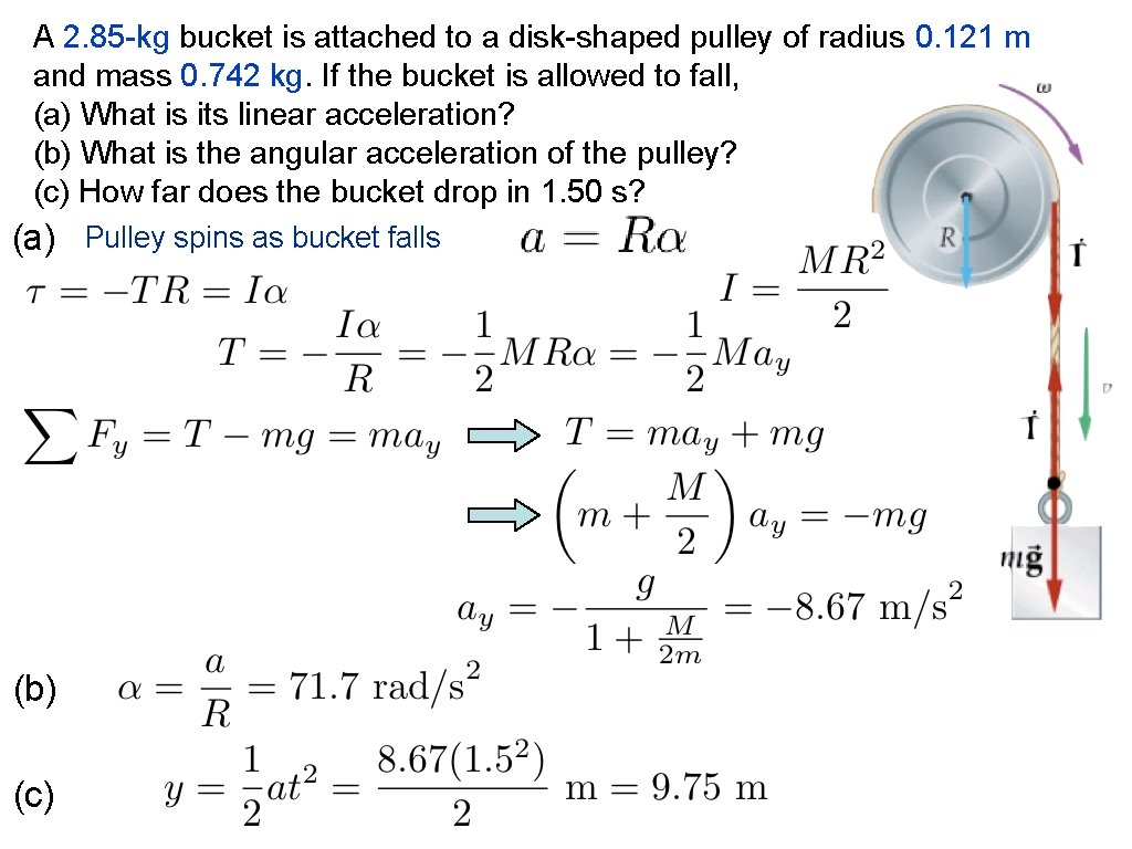 A 2. 85 -kg bucket is attached to a disk-shaped pulley of radius 0.