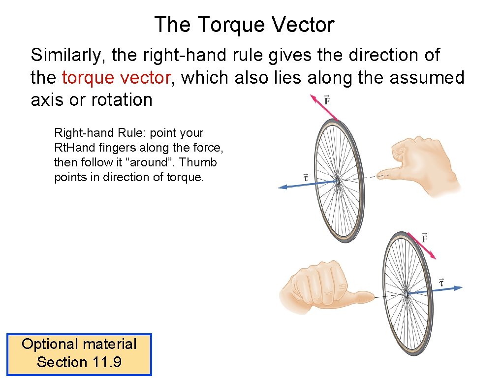 The Torque Vector Similarly, the right-hand rule gives the direction of the torque vector,