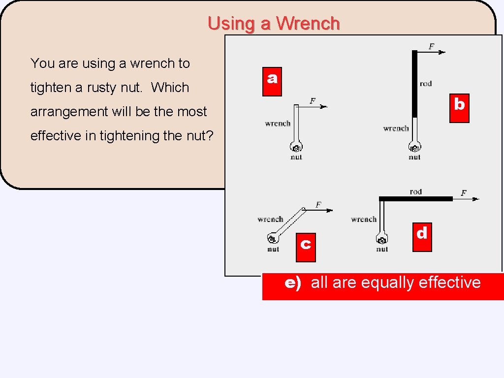 Using a Wrench You are using a wrench to tighten a rusty nut. Which