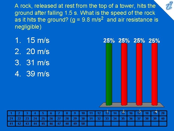 A rock, released at rest from the top of a tower, hits the ground A rock, released at rest from the top of a tower, hits the ground