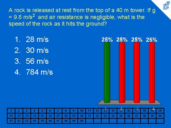 A rock is released at rest from the top of a 40 m tower. A rock is released at rest from the top of a 40 m tower.