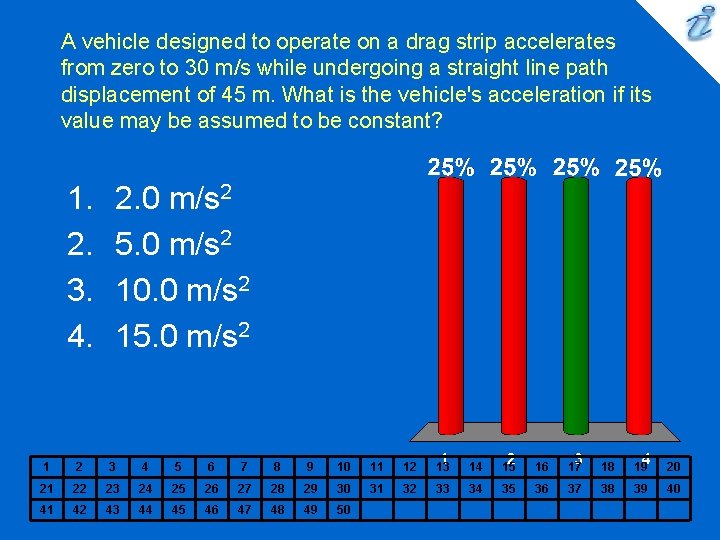 A vehicle designed to operate on a drag strip accelerates from zero to 30 A vehicle designed to operate on a drag strip accelerates from zero to 30