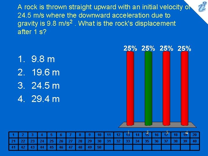 A rock is thrown straight upward with an initial velocity of 24. 5 m/s A rock is thrown straight upward with an initial velocity of 24. 5 m/s