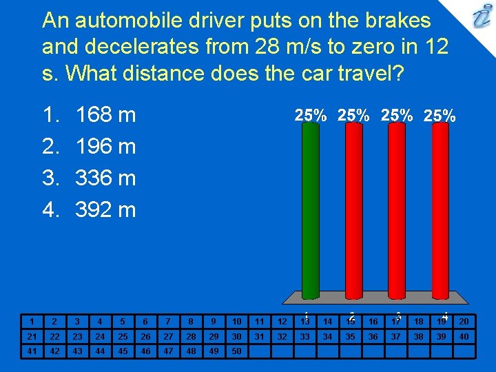 An automobile driver puts on the brakes and decelerates from 28 m/s to zero An automobile driver puts on the brakes and decelerates from 28 m/s to zero