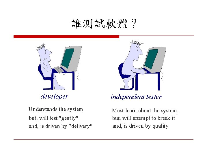 誰測試軟體？ developer Understands the system but, will test "gently" and, is driven by "delivery"