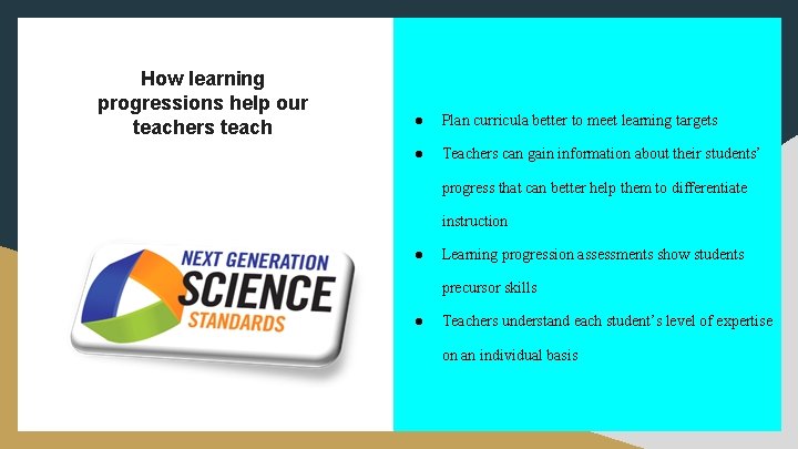 How learning progressions help our teachers teach ● Plan curricula better to meet learning