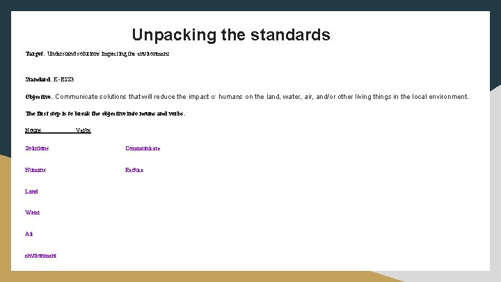 Unpacking the standards Target: Understand solutions impacting the environment Standard: K-ESS 3 Objective: Communicate
