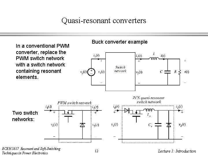 Quasi-resonant converters In a conventional PWM converter, replace the PWM switch network with a