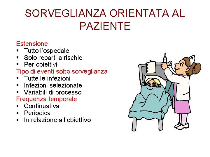 SORVEGLIANZA ORIENTATA AL PAZIENTE Estensione § Tutto l’ospedale § Solo reparti a rischio §