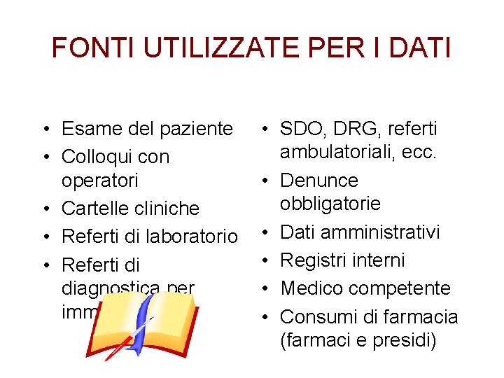 FONTI UTILIZZATE PER I DATI • Esame del paziente • Colloqui con operatori •