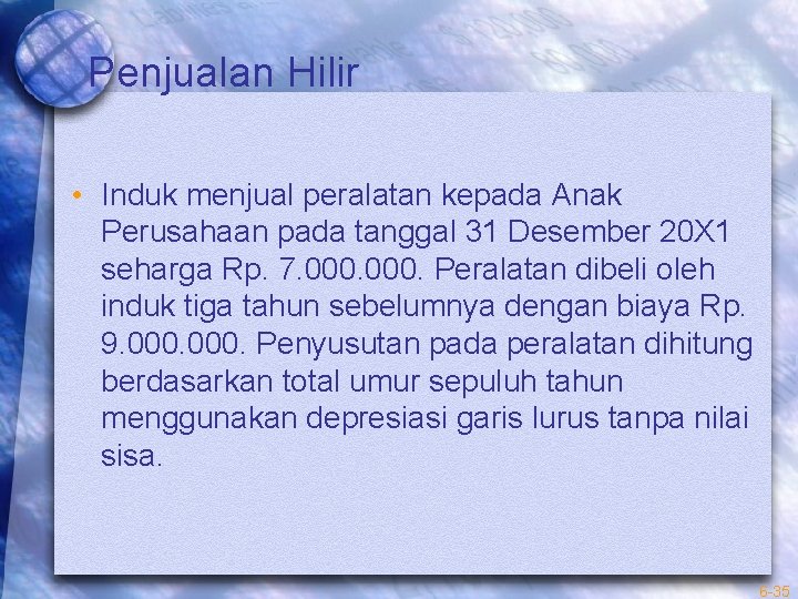 Penjualan Hilir • Induk menjual peralatan kepada Anak Perusahaan pada tanggal 31 Desember 20