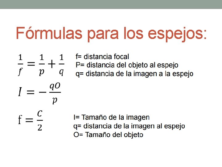 Fórmulas para los espejos: 