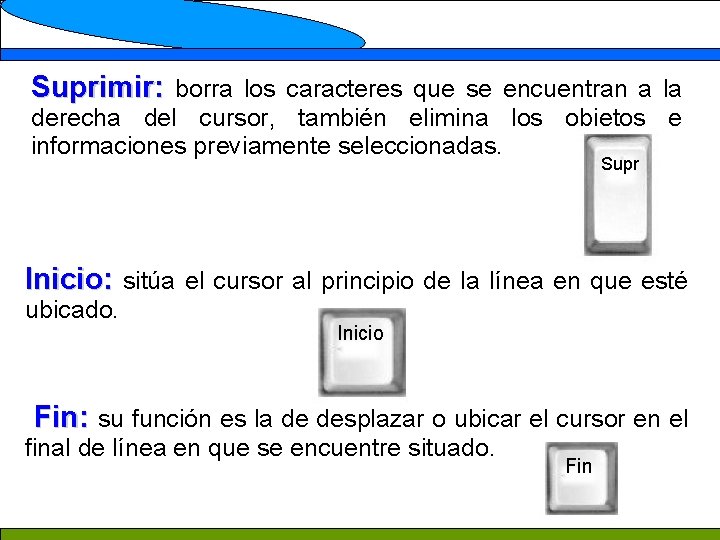 Suprimir: borra los caracteres que se encuentran a la derecha del cursor, también elimina