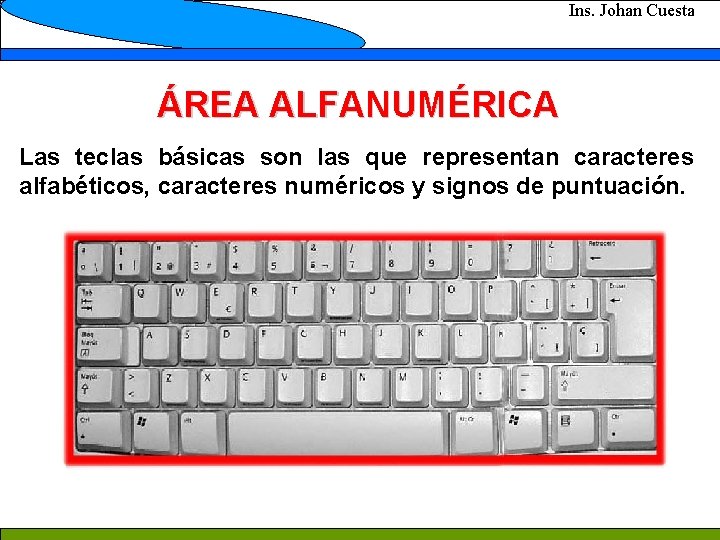 Ins. Johan Cuesta ÁREA ALFANUMÉRICA Las teclas básicas son las que representan caracteres alfabéticos,