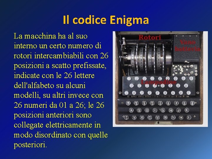 Il codice Enigma La macchina ha al suo interno un certo numero di rotori