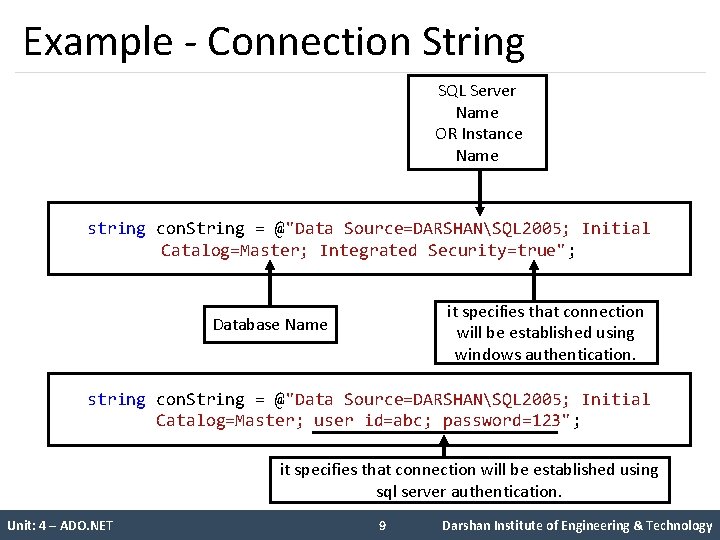 Example - Connection String SQL Server Name OR Instance Name string con. String =