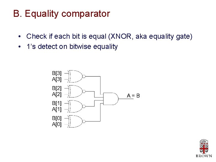 B. Equality comparator • Check if each bit is equal (XNOR, aka equality gate)