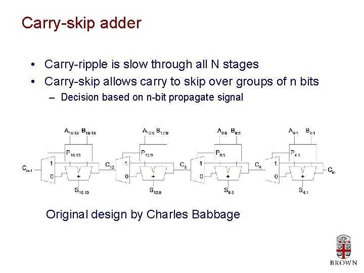 Carry-skip adder • Carry-ripple is slow through all N stages • Carry-skip allows carry