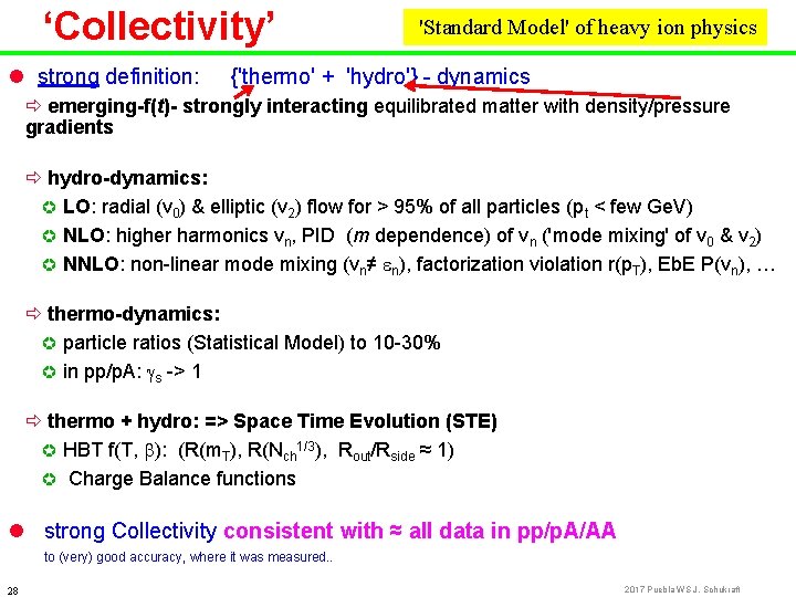 ‘Collectivity’ l strong definition: 'Standard Model' of heavy ion physics {'thermo' + 'hydro'} -