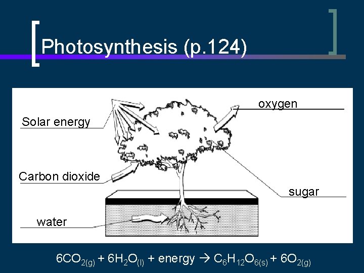 Photosynthesis (p. 124) oxygen Solar energy Carbon dioxide sugar water 6 CO 2(g) +