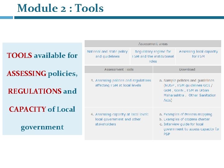 Module 2 : Tools TOOLS available for ASSESSING policies, REGULATIONS and CAPACITY of Local