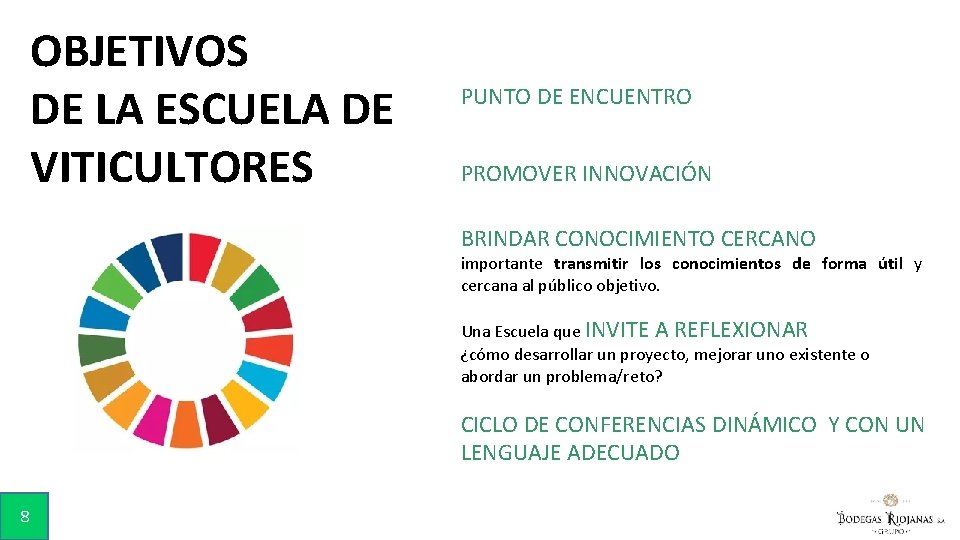 OBJETIVOS DE LA ESCUELA DE VITICULTORES PUNTO DE ENCUENTRO PROMOVER INNOVACIÓN BRINDAR CONOCIMIENTO CERCANO
