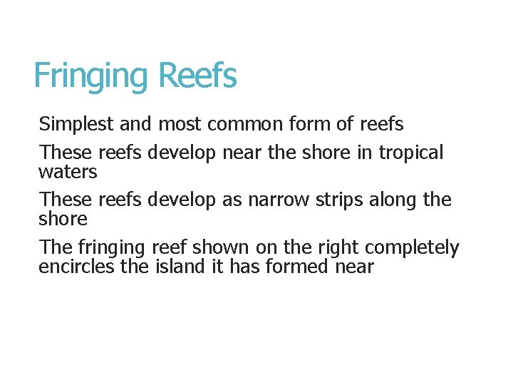 Fringing Reefs Simplest and most common form of reefs These reefs develop near the