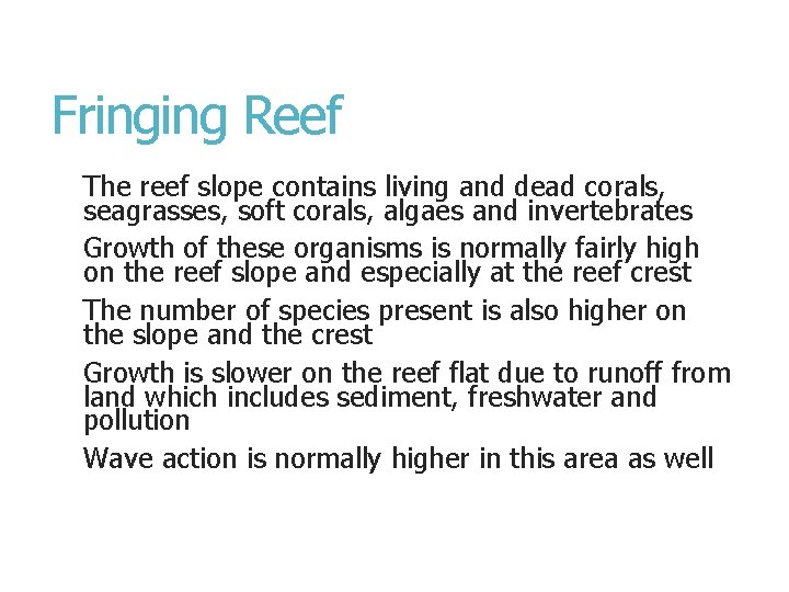 Fringing Reef The reef slope contains living and dead corals, seagrasses, soft corals, algaes