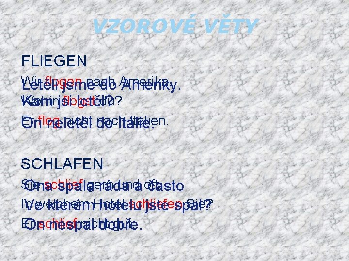 VZOROVÉ VĚTY FLIEGEN Wir flogen nach Letěli jsme do Amerika. Ameriky. Wohin flogst du?