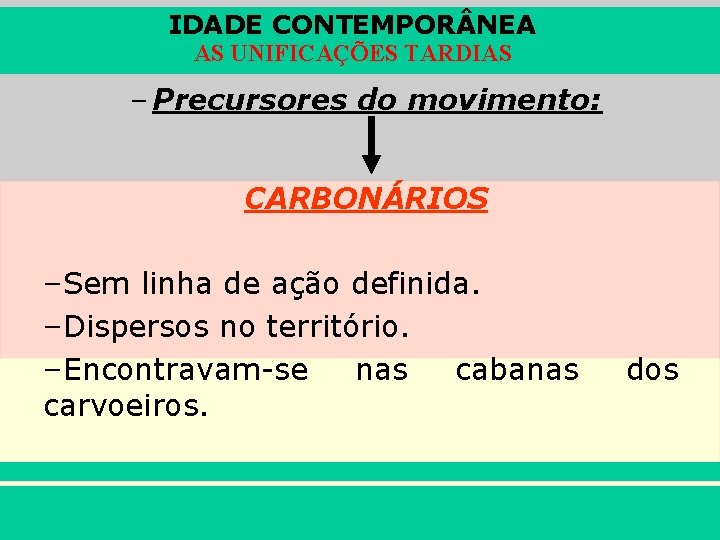 IDADE CONTEMPOR NEA AS UNIFICAÇÕES TARDIAS – Precursores do movimento: CARBONÁRIOS –Sem linha de