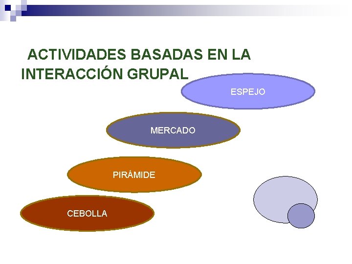 ACTIVIDADES BASADAS EN LA INTERACCIÓN GRUPAL ESPEJO MERCADO PIRÁMIDE CEBOLLA ACTIVIDADES BASADAS EN LA INTERACCIÓN GRUPAL ESPEJO MERCADO PIRÁMIDE CEBOLLA