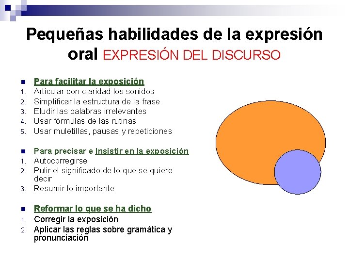 Pequeñas habilidades de la expresión oral EXPRESIÓN DEL DISCURSO n Para facilitar la exposición Pequeñas habilidades de la expresión oral EXPRESIÓN DEL DISCURSO n Para facilitar la exposición