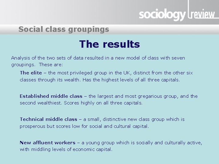 Presentation title groupings Social class The results Analysis of the two sets of data