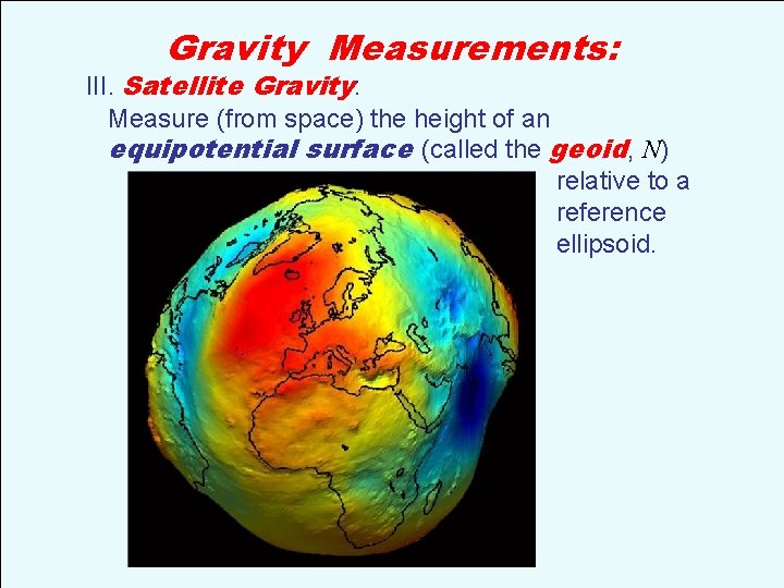 Gravity Measurements: III. Satellite Gravity: Measure (from space) the height of an equipotential surface