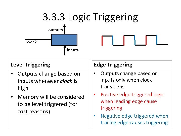 3. 3. 3 Logic Triggering outputs clock inputs Level Triggering • Outputs change based