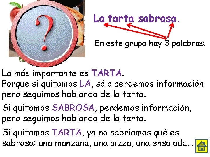 La tarta sabrosa. En este grupo hay 3 palabras. La más importante es TARTA.
