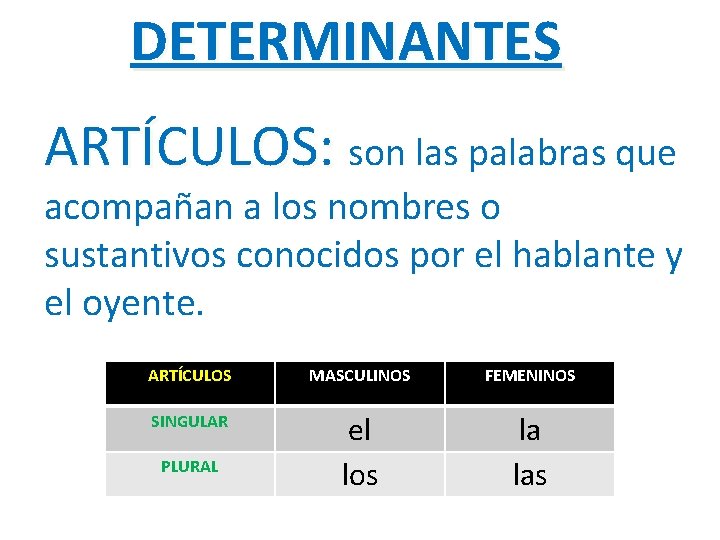 DETERMINANTES ARTÍCULOS: son las palabras que acompañan a los nombres o sustantivos conocidos por