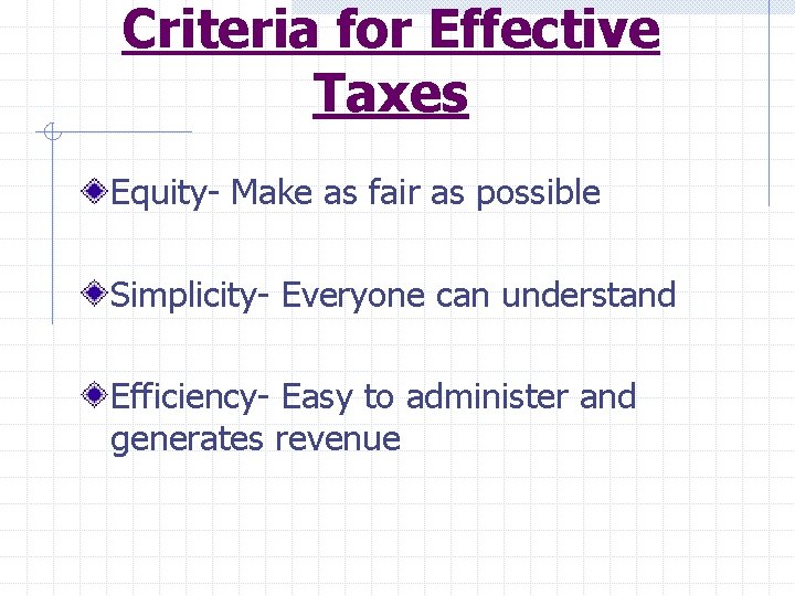 Criteria for Effective Taxes Equity- Make as fair as possible Simplicity- Everyone can understand