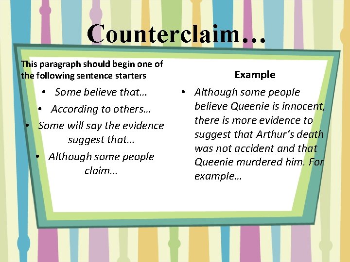 Counterclaim… This paragraph should begin one of the following sentence starters Example • Some