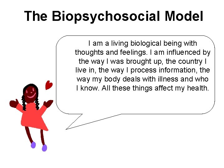 The Biopsychosocial Model I am a living biological being with thoughts and feelings. I