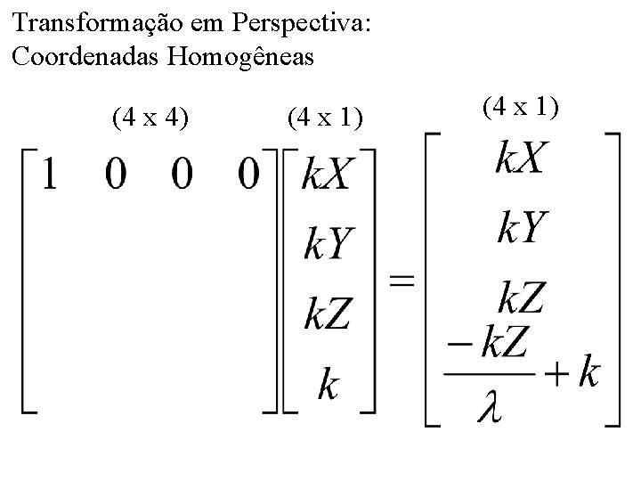 Transformação em Perspectiva: Coordenadas Homogêneas (4 x 4) (4 x 1) 