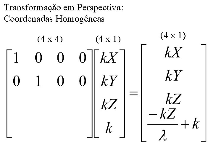 Transformação em Perspectiva: Coordenadas Homogêneas (4 x 4) (4 x 1) 