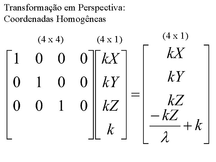Transformação em Perspectiva: Coordenadas Homogêneas (4 x 4) (4 x 1) 