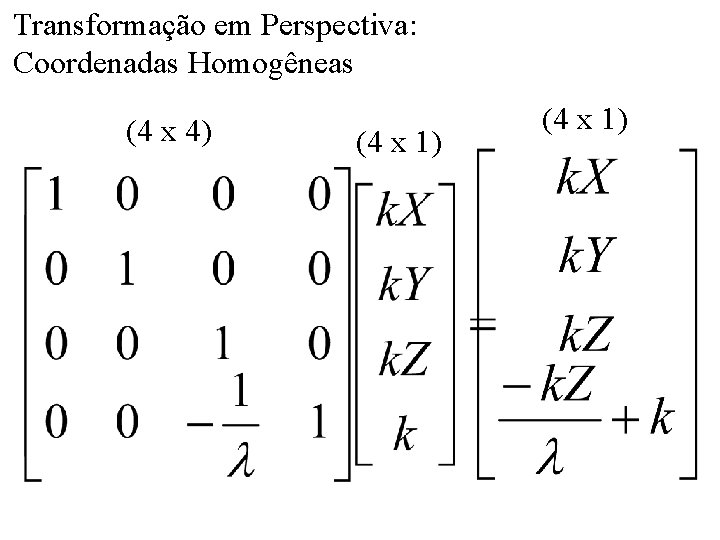 Transformação em Perspectiva: Coordenadas Homogêneas (4 x 4) (4 x 1) 